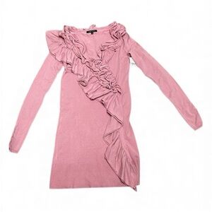 Vtg Y2K JUMP GIRL Size S Blush Pink Riffle Long Sleeve V-Neck Mini Sweater Dress